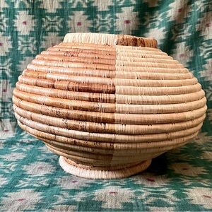 Vintage Pencil Reed Coiled Bamboo Basket Vase Mid Century Boho Minimalist
